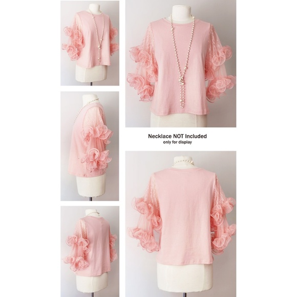 Pink Lace Tulle Flutter Sleeves Pretty Tee T Shirt - Picture 7 of 8